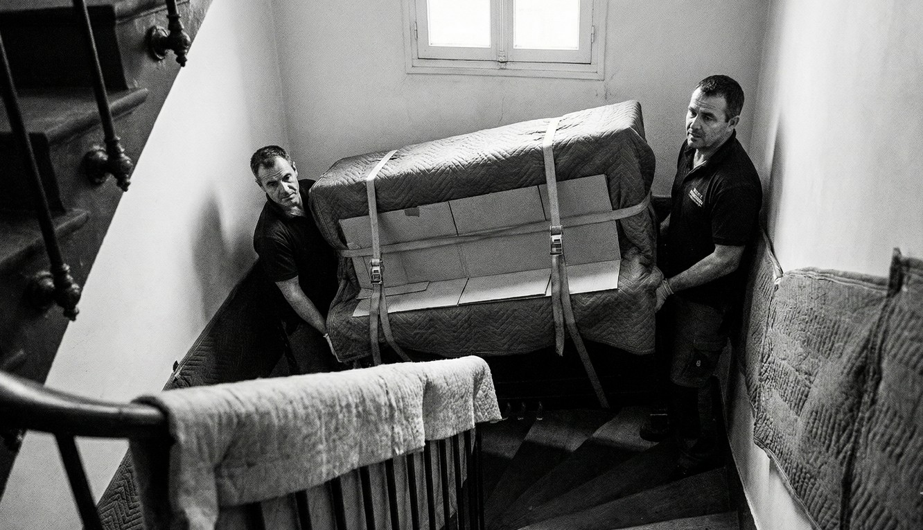 Déménagement piano droit 80 kg escalier étroit protection mousse