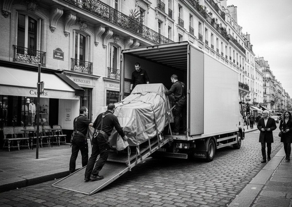 Déménagement piano droit Paris – équipe manutention escalier étroit immeuble haussmannien