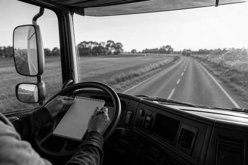 Carnet de bord posé sur le volant dans la cabine d’un camion de transport de piano