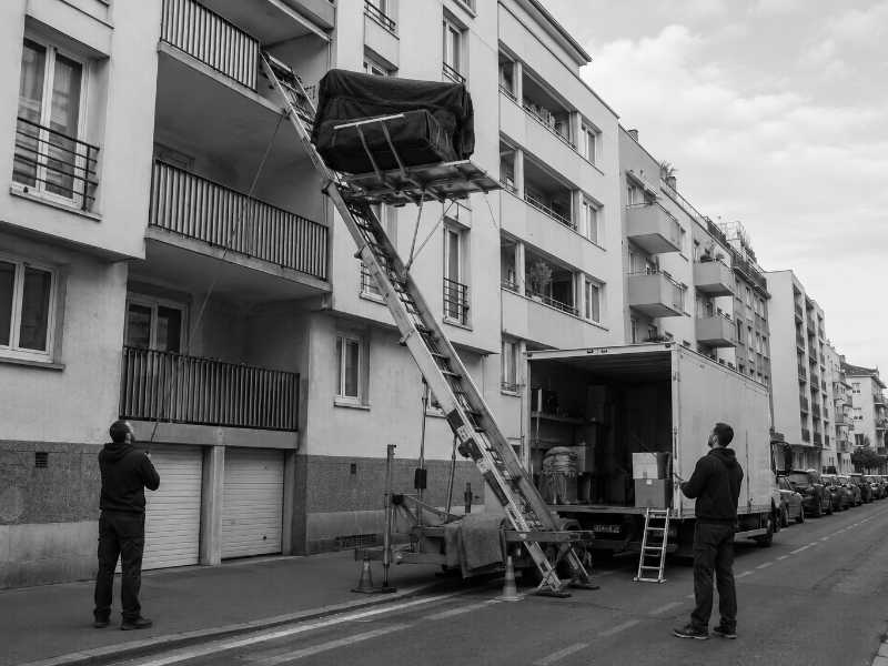 Monte-meuble hissant une caisse de piano vers un balcon à La Garenne-Colombes (92)