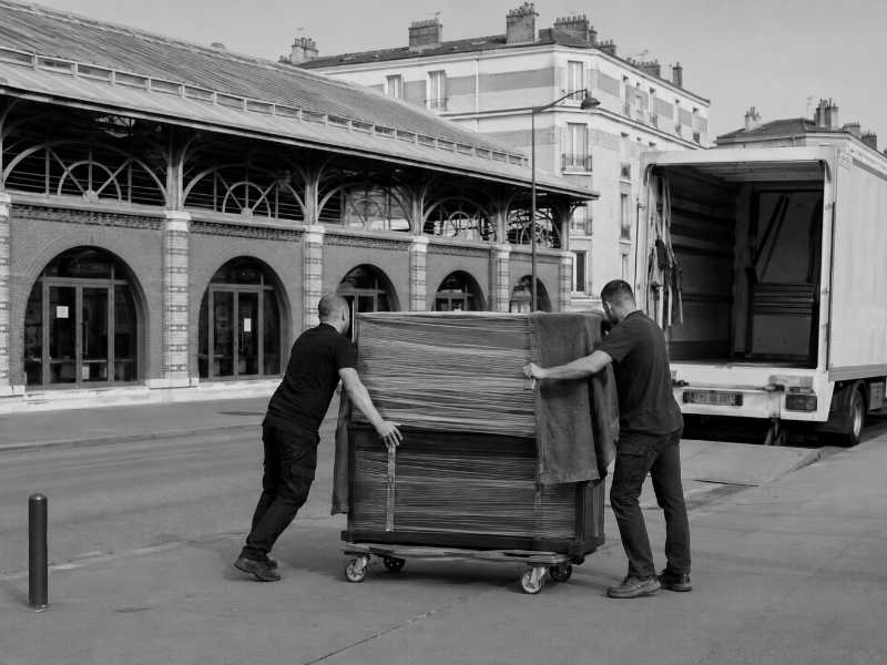 Piano droit sur chariot sur un trottoir plat à Malakoff (92), devant la halle du marché