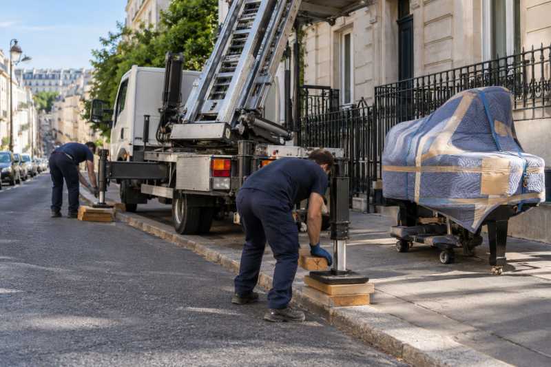 Déménageurs calant les stabilisateurs d'un camion monte-meubles dans une rue en pente, Rueil-Malmaison