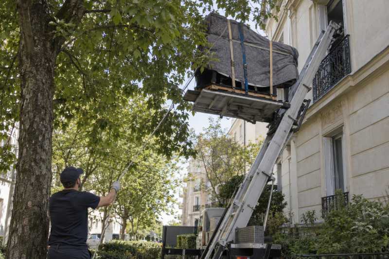 Piano à queue emballé hissé au monte-meubles le long d'une façade, entre des branches d'arbre, Le Blanc-Mesnil