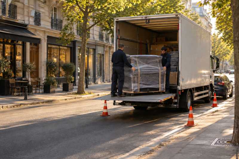 Piano droit emballé chargé sur le hayon d'un camion dans une rue calme du matin, Sartrouville