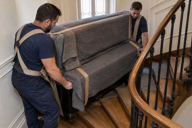 Deux déménageurs au harnais négociant un palier d'escalier tournant avec un piano droit, Sceaux