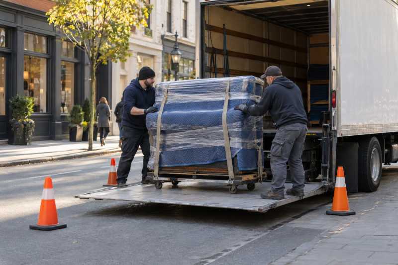 Piano droit emballé chargé sur le hayon d'un camion dans une rue calme du matin, Drancy
