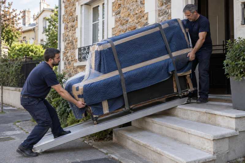 Piano emballé sur une rampe en aluminium posée sur les marches d'un perron, Vincennes