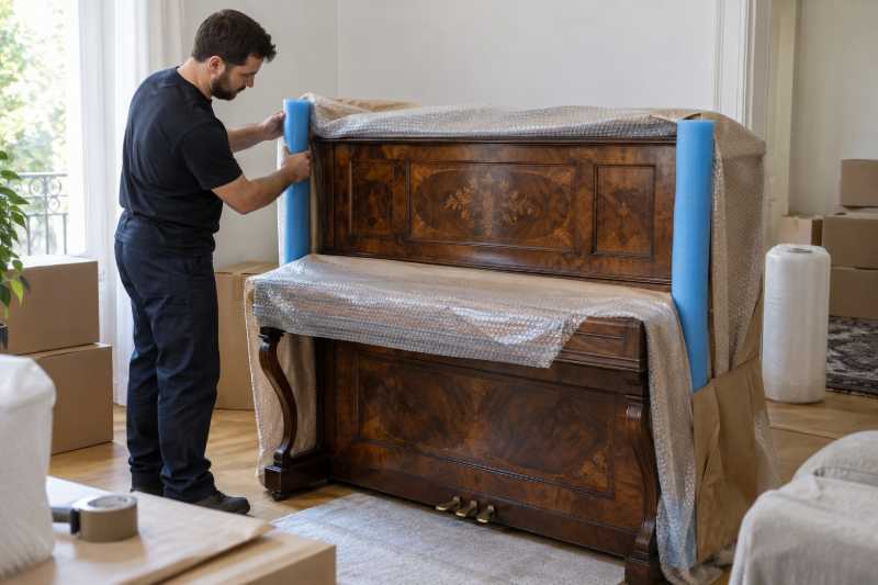 Piano droit ancien en bois marqueté protégé par du papier bulle et des profilés en mousse, Versailles