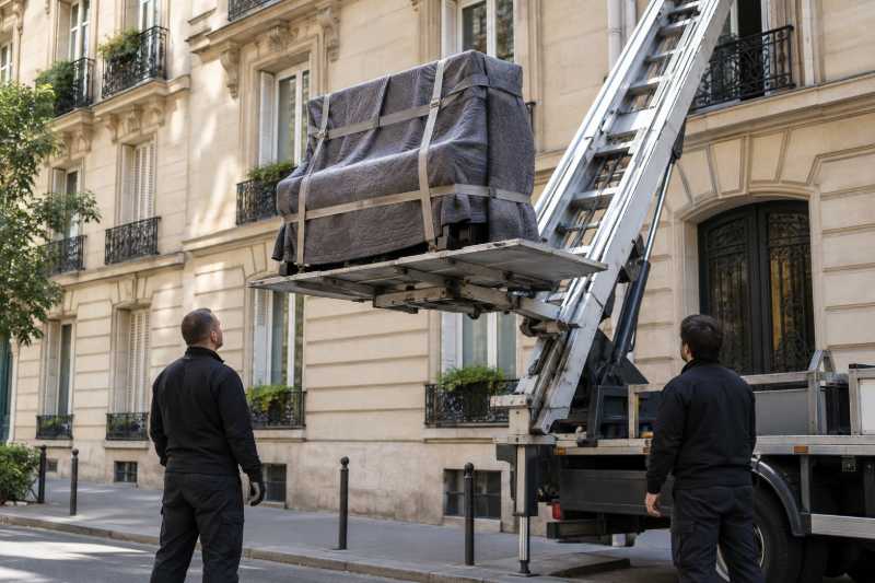 Piano droit emballé descendant sur un monte-meubles le long d'une façade d'immeuble, Paris 4e