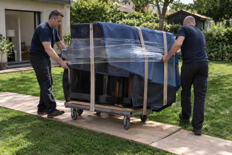 Piano emballé transporté sur des plaques posées sur une pelouse, Vaucresson