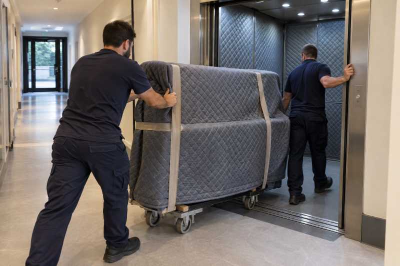 Piano droit emballé roulé vers un ascenseur de service dans un couloir de résidence, Vélizy-Villacoublay