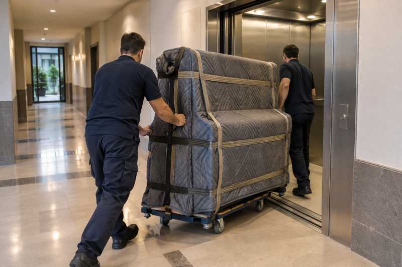 Piano droit emballé roulé vers un ascenseur de service dans un couloir de résidence, Paris 13e