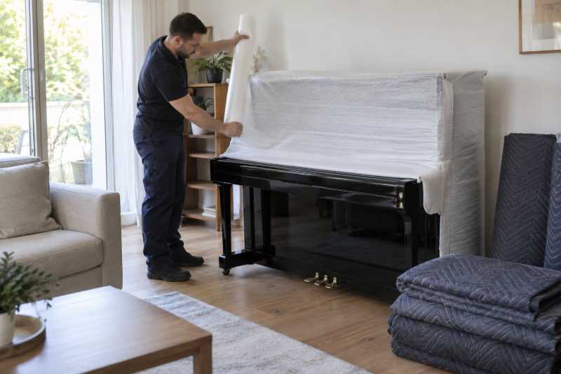 Déménageur emballant un piano droit laqué noir dans un film blanc protecteur, Le Perreux-sur-Marne
