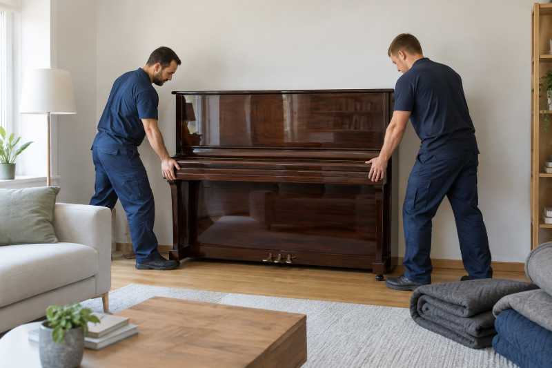 Déménageurs installant un piano droit contre un mur de salon après la livraison, Paris 8e