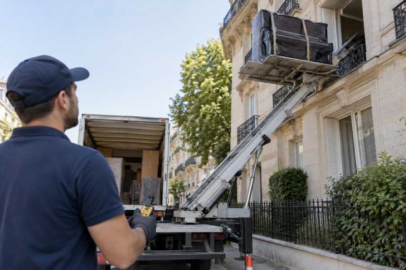 Déménageur pilotant un monte-meubles qui hisse un piano droit emballé, Limay