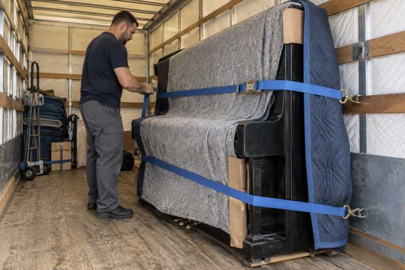 Piano droit emballé arrimé debout par des sangles dans un camion capitonné, Lognes