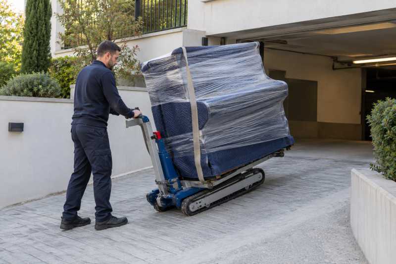 Piano droit emballé sur un diable chenillé électrique dans une rampe de garage, Melun