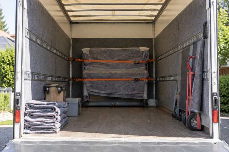 Piano droit emballé arrimé debout par des sangles dans un camion capitonné, Vanves
