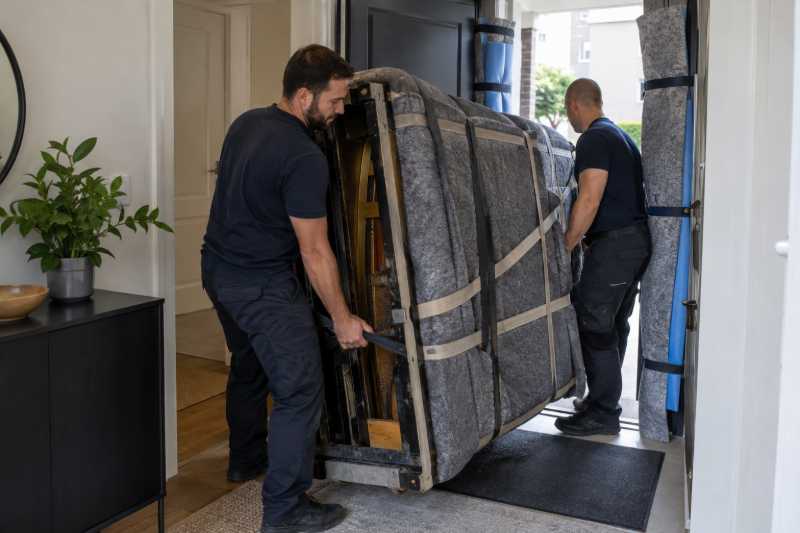Deux déménageurs faisant passer un piano emballé sur le côté par une porte étroite, Drancy