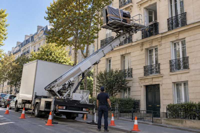 Camion monte-meubles hissant un piano droit emballé vers le troisième étage, Moissy-Cramayel