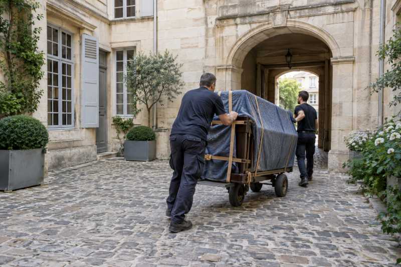 Piano emballé sur un chariot à roues pneumatiques dans une cour pavée, Marly-le-Roi