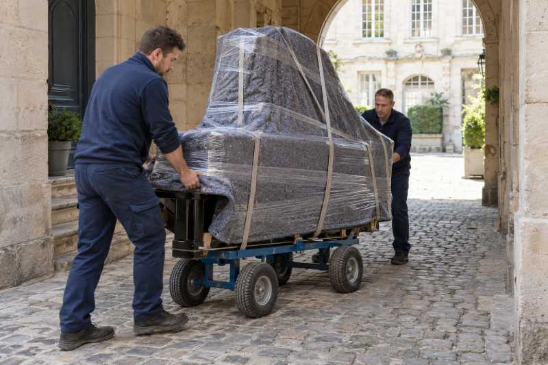 Piano emballé sur un chariot à roues pneumatiques dans une cour pavée, Corbeil-Essonnes
