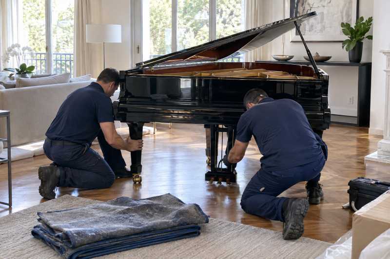 Déménageurs remontant les pieds et la lyre d'un piano à queue après sa livraison, Paris 15e