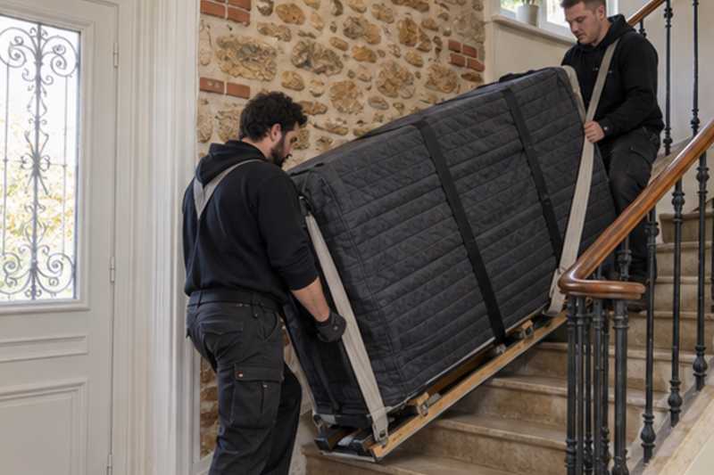 Piano droit sur luge dans un escalier, Asnières-sur-Seine