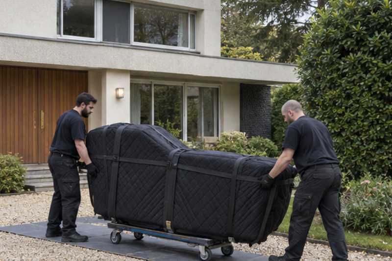 Piano à queue sur plaques de roulage devant une maison, Aubervilliers
