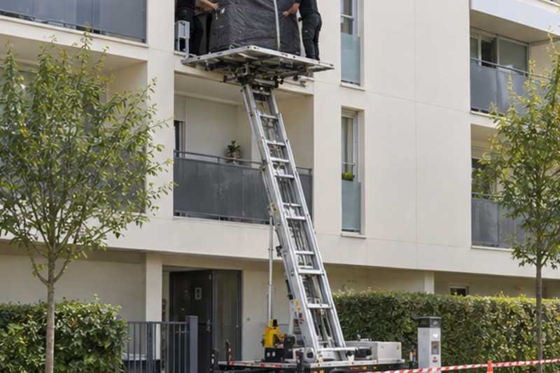 Piano droit sur monte-meuble devant une fenêtre, Aulnay-sous-Bois