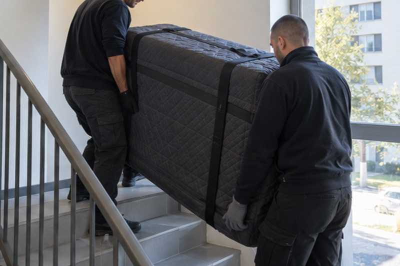 Portage d'un piano droit par paliers dans un escalier, Bondy