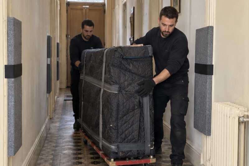 Piano droit sur luge dans un couloir, Brunoy