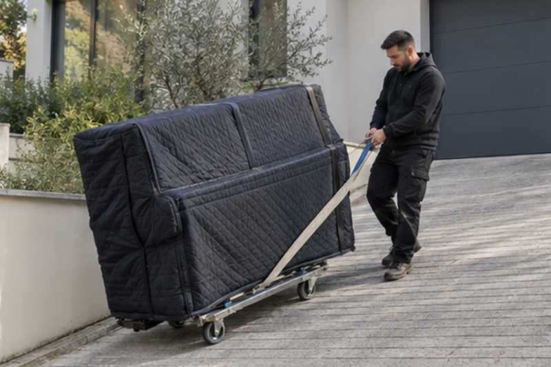 Piano droit sur chariot freiné dans une allée en pente, Châtillon