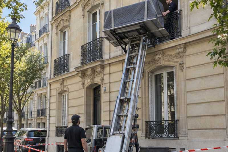 Piano droit sur monte-meuble devant une fenêtre, Chelles