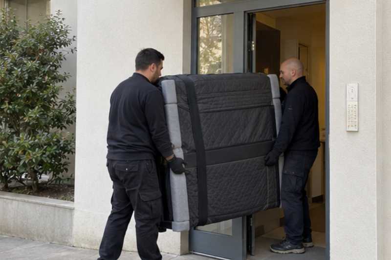 Piano droit franchissant une porte palière étroite, Choisy-le-Roi