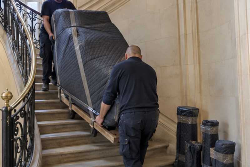 Caisse de piano à queue sur luge dans un escalier, Dammarie-les-Lys
