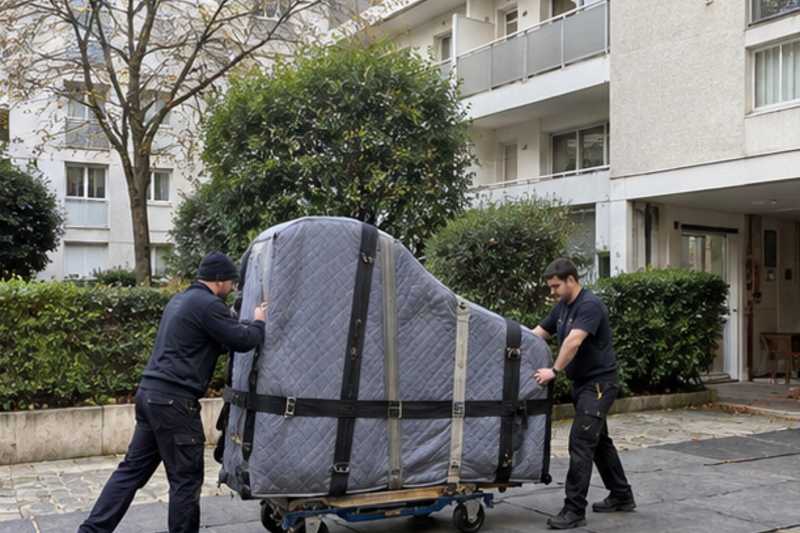 Piano à queue sur plaques dans une cour pavée, Draveil