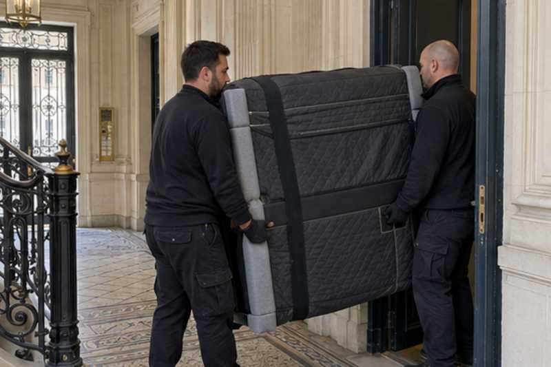 Piano droit franchissant une porte palière étroite, Écouen