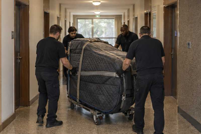 Caisse de piano à queue sur luge dans un couloir, Ermont