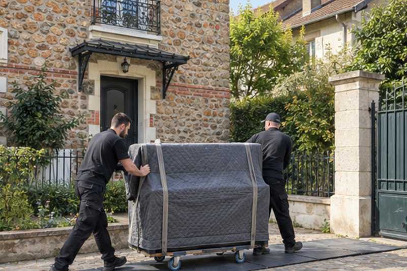 Piano droit sur plaques de roulage dans une cour pavée, Fontainebleau