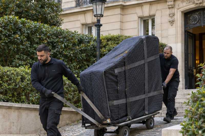 Piano à queue sur chariot dans une allée en pente, Fontenay-sous-Bois