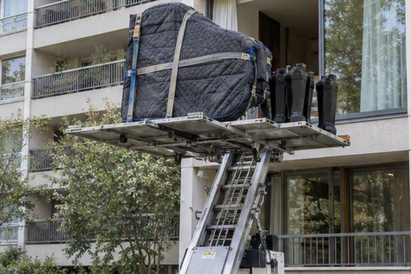 Caisse de piano à queue sur monte-meuble devant une baie, Gagny