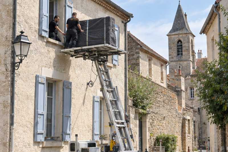Piano droit sur monte-meuble devant une fenêtre, Le Pecq
