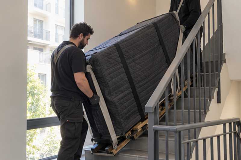 Piano droit sur luge dans un escalier, Les Lilas