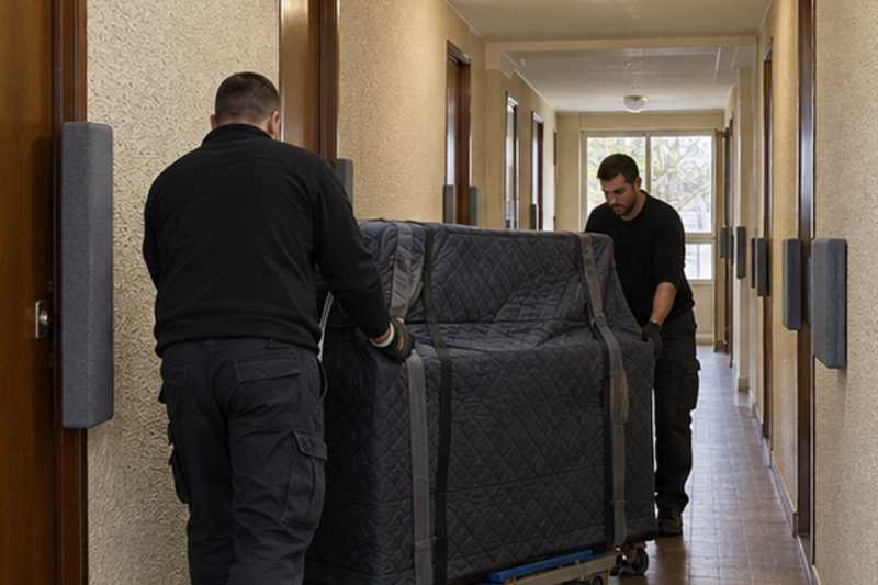 Piano droit sur luge dans un couloir, Lognes