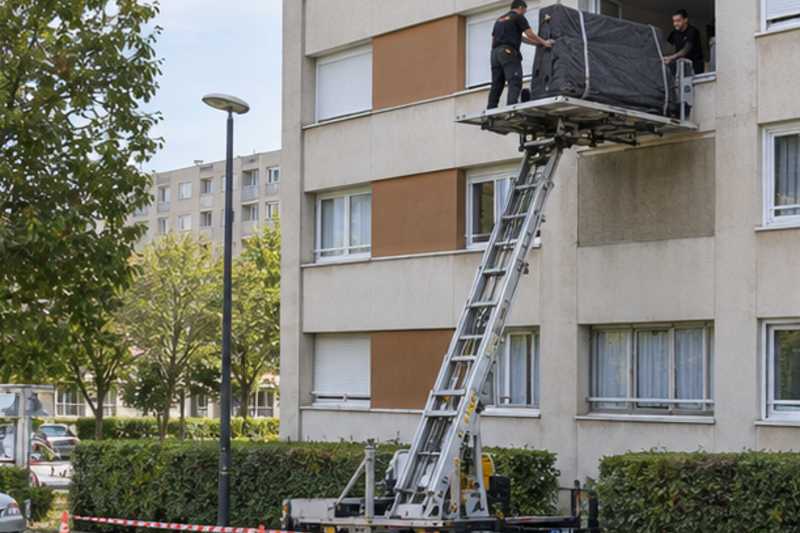 Piano droit sur monte-meuble devant une fenêtre, Maisons-Alfort