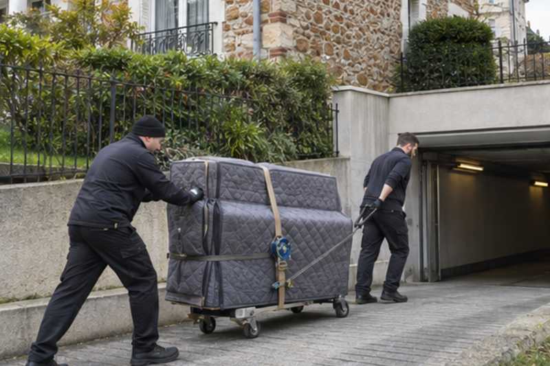 Piano droit retenu au treuil sur une rampe de parking, Marly-le-Roi