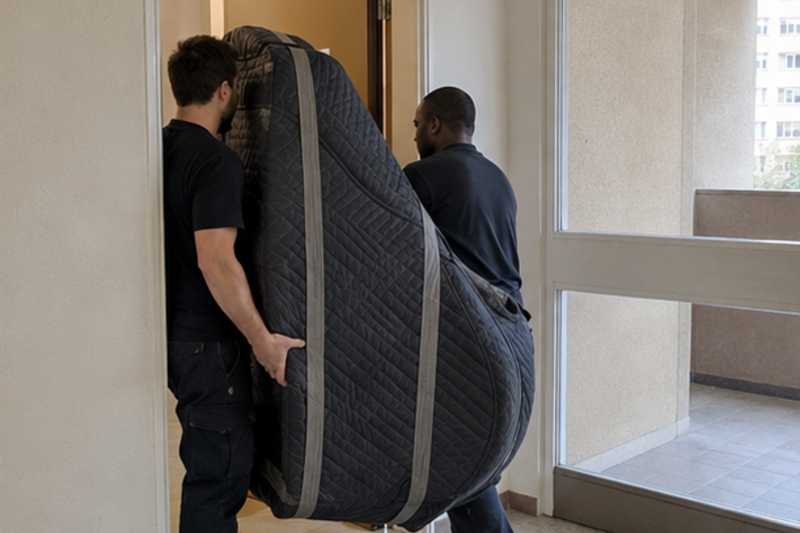 Caisse de piano à queue passant une porte sur chant, Moissy-Cramayel