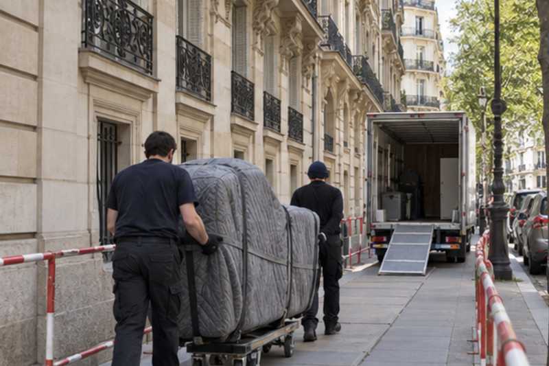 Piano à queue en navette sur chariot le long d'un trottoir, Montereau-Fault-Yonne