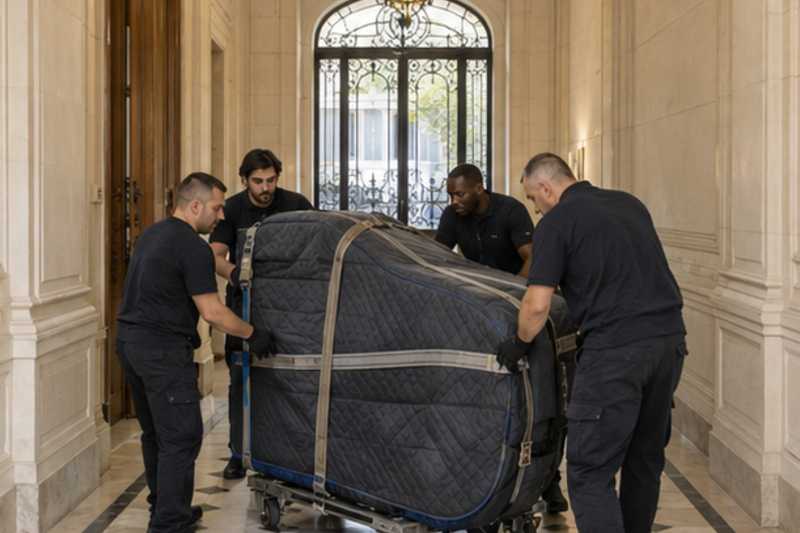 Caisse de piano à queue sur luge dans un couloir, Montrouge